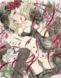 1girl absurdres alternate_costume alternate_headwear_color black_bow black_choker black_dress black_hat black_panties black_socks blonde_hair blush bow breasts choker cleavage commentary crystal crystal_wings dress flandre_scarlet hat hat_bow highres interlocked_fingers kisarush kneehighs long_hair looking_at_viewer marker_(medium) mob_cap multicolored_wings one_side_up open_mouth own_hands_together panties puffy_short_sleeves puffy_sleeves red_bow red_eyes short_sleeves sleeve_bow smile socks solo touhou traditional_media underwear upskirt wings