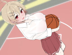 1girl :d absurdres ahoge aoyagi_(888) ball basketball_(object) basketball_court blonde_hair blush breasts buttons cleavage collared_shirt commentary_request eyebrows_hidden_by_hair feet_out_of_frame hair_between_eyes hair_flaps hair_ornament hairpin highres holding holding_ball kawai_ritsu_(rits_meg) large_breasts long_sleeves looking_at_viewer miniskirt multiple_hairpins open_mouth original parted_bangs partially_unbuttoned pleated_skirt red_eyes red_skirt shirt shirt_tucked_in short_hair sidelocks skirt sleeves_rolled_up smile standing sweat white_shirt