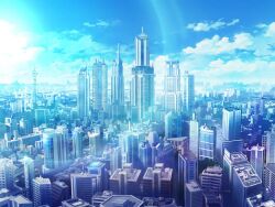 artist_request blue_sky city cloud day game_cg magia_record:_mahou_shoujo_madoka_magica_gaiden mahou_shoujo_madoka_magica no_humans official_art outdoors scenery sky sun sunlight
