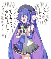 1girl absurdly_long_hair ahoge ascot asymmetrical_sleeves bass_clef beret black_ascot black_gloves black_hat black_skirt blue_eyes blue_hair blue_jacket blue_overskirt bow bowtie buttons chaakusu clothing_cutout collared_jacket collared_shirt colored_inner_hair commentary_request cowboy_shot crying crying_with_eyes_open double-breasted eighth_note eighth_rest forte_(symbol) fortissimo frilled_skirt frills furrowed_brow gloves green_bow green_bowtie green_eyes hair_between_eyes half_gloves hands_up hat hat_ornament hat_ribbon highres jacket light_blush long_hair mismatched_sleeves multicolored_eyes multicolored_hair multicolored_jacket musical_note musical_note_hat_ornament musical_note_print musical_staff musical_staff_print open_mouth otomachi_una otomachi_una_(sv) overskirt pleated_skirt puffy_sleeves purple_hair purple_streaks purple_stripes quarter_note ribbon see-through_overskirt shirt shoulder_cutout sidelocks simple_background skirt sleeve_cuffs solo speech_bubble standing streaked_hair striped_clothes striped_ribbon synthesizer_v tears three-quarter_sleeves three_quarter_view translation_request treble_clef twintails two-tone_eyes two-tone_hair vertical-striped_clothes very_long_hair white_background white_ribbon white_shirt wide-eyed