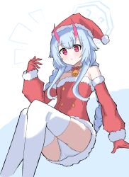 1girl bell blue_archive blue_hair braid chise_(blue_archive) choker christmas commentary detached_sleeves dress english_commentary feet_out_of_frame fur-trimmed_dress fur-trimmed_sleeves fur_trim gloves halo hand_up hat highres horns long_hair long_sleeves looking_at_viewer neck_bell panties pantyshot pink_eyes rieana santa_costume santa_dress santa_hat short_dress solo strapless strapless_dress thighhighs twin_braids underwear upskirt very_long_hair