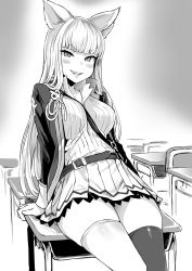 Rule 34 | 10s, 1girl, alternate costume, animal ears, arm support, asanagi, between breasts, blunt bangs, blush, breasts, casual, desk, erune, fang, female focus, granblue fantasy, greyscale, grin, highres, korwa, lips, long hair, looking at viewer, medium breasts, monochrome, on desk, school uniform, sitting, skindentation, smile, solo, thighhighs, thighs