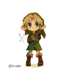 1boy ahoge artist_name belt belt_buckle blonde_hair blue_eyes blush boots brown_belt brown_boots buckle closed_mouth collared_shirt commentary_request expressionless facing_away fairy full_body green_hat green_shirt hat link looking_at_viewer male_focus navi nintendo parted_bangs pointy_ears shirt short_hair short_sleeves sidelocks simple_background solo the_legend_of_zelda the_legend_of_zelda:_ocarina_of_time tokuura twitter_username young_link