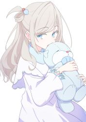 1girl blue_eyes ceras_yanagida_lilienfeld dress grey_hair hair_ribbon highres junnatsu link!_like!_love_live! long_hair long_sleeves love_live! open_mouth ribbon simple_background stuffed_toy virtual_youtuber
