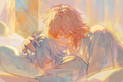2boys absurdres alternate_costume antenna_hair artist_name bedroom black_choker blonde_hair chinese_commentary choker closed_eyes commentary_request crying gradient_hair hair_between_eyes hand_on_another&#039;s_head highres honkai:_star_rail honkai_(series) kissing_head male_focus medium_hair multicolored_hair multiple_boys mydei_(honkai:_star_rail) on_bed phainon_(honkai:_star_rail) red_hair shirt short_hair tears white_hair white_shirt yaoi yuqiu777