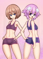 Rule 34 | 2girls, ass, bare shoulders, blanc (neptunia), blue eyes, breasts, brown hair, commentary, d-pad, d-pad hair ornament, english commentary, hair ornament, hand on own ass, hand on own hip, highres, multiple girls, neptune (neptunia), neptune (series), nerosynt, open mouth, purple eyes, purple hair, short hair, sidelocks, small breasts