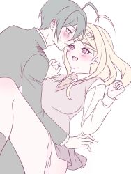 Rule 34 | 1boy, 1girl, :d, ahoge, akamatsu kaede, black hair, blonde hair, blush, boy on top, breasts, brown eyes, brown skirt, clenched hand, collared shirt, couple, cowboy shot, danganronpa (series), danganronpa v3: killing harmony, dutch angle, eye contact, fortissimo, hair ornament, happy, hetero, highres, holding hands, interlocked fingers, keke (xfxyuio), knee up, large breasts, long hair, long sleeves, looking at another, lying, miniskirt, musical note, musical note hair ornament, necktie, on back, open mouth, orange necktie, panties, panty pull, parted bangs, pink panties, pleated skirt, profile, purple eyes, purple sweater vest, saihara shuichi, school uniform, shirt, short hair, sidelocks, simple background, skirt, smile, sweatdrop, sweater vest, thighs, underwear, white background, white shirt