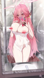 Rule 34 | 1girl, absurdres, aru (blue archive), bath, bathroom, blue archive, blush, breasts, brown horns, censored, censored nipples, commentary request, dated, demon girl, demon horns, faucet, halo, highres, holding, holding phone, horns, implied after masturbation, indoors, large breasts, long hair, naked towel, orange eyes, orange halo, phone, pink hair, pussy juice, reflection, reflection focus, selfie, signature, solo, steam, thighs, towel, wet towel, z shitei ero