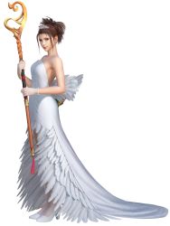 1girl 3d alternate_costume backless_dress backless_outfit bare_shoulders blue_eyes dissidia_final_fantasy dissidia_final_fantasy_nt dress female_focus final_fantasy final_fantasy_x full_body gloves green_eyes hair_up heterochromia high_heels highres jewelry looking_at_viewer necklace official_art simple_background smile solo staff strapless strapless_dress tiara wedding_dress white_background white_dress yuna_(ff10)