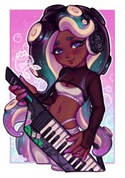 1girl alternate_costume anilite black_hair blue_background blush cowboy_shot dark-skinned_female dark_skin fishnet_top fishnets gradient_background green_eyes green_hair headphones highres instrument keyboard_(instrument) keytar long_hair marina_(splatoon) navel_piercing nintendo octoling piercing pink_background pink_pupils shrug_(clothing) smile solo splatoon_(series) splatoon_2 sports_bra tentacle_hair thong
