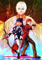 00s 1girl 2boys albedo_piazzolla back-to-back bad_id bad_pixiv_id beret blue_eyes bow gaignun_kukai_jr. gun hat jr. kamemushi momo_mizrahi multiple_boys pink_hair purple_eyes red_hair thighhighs weapon white_hair xenosaga xenosaga_episode_ii yellow_eyes