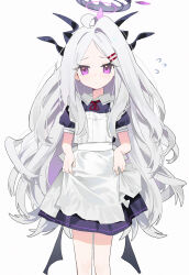 1girl absurdres alternate_costume apron blue_archive enmaided hair_ornament hairclip halo hashtag-only_commentary highres hina_(blue_archive) horns long_hair maid measho purple_eyes purple_halo simple_background solo white_apron white_background
