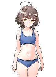 1girl absurdres ahoge blue_panties blue_sports_bra blunt_bangs commentary_request commission cowboy_shot furaggu_(frag_0416) highres kantai_collection kishinami_(kancolle) navel panties pixiv_commission short_hair simple_background solo sports_bra standing stomach thighs underwear variant_set white_background yellow_eyes