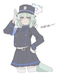1girl absurdres animal_ears armband belt black_belt black_hat black_jacket black_skirt blue_archive blue_armband blue_halo blush buttons closed_mouth commentary cosplay cowboy_shot double-breasted gloves green_hair hair_between_eyes halo hand_on_own_hip hand_up hat highres hikari_(blue_archive) hikari_(blue_archive)_(cosplay) jacket long_sleeves looking_at_viewer medium_hair miniskirt peaked_cap pleated_skirt purple_eyes salute shigure_(blue_archive) simple_background sketch skirt smile solo sparkling_eyes tail translation_request unot_227 weasel_ears weasel_girl weasel_tail white_background white_gloves