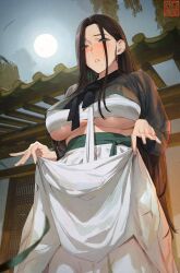 black_hair blush breasts chest_sarashi clothes_lift disto dutch_angle eyes_visible_through_hair from_below full_moon korean_clothes large_breasts long_hair long_skirt long_sleeves mole mole_under_mouth moon original outdoors parted_bangs parted_lips sarashi skirt skirt_lift underboob