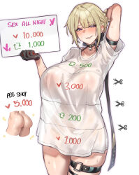 1girl absurdres ass black_gloves blonde_hair blush breasts choker evelyn_chevalier gloves grin highres large_breasts looking_at_viewer medium_hair multiple_views purple_eyes radishkek shirt short_sleeves smile solo thigh_strap thighs twitter_cutting_game white_shirt zenless_zone_zero