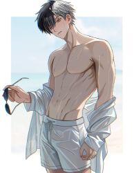 1boy black_hair blue_eyes border glasses hair_ornament heterochromia highres hyohls2_(hamao3o) long_sleeves looking_at_viewer male_focus multicolored_hair nipples no sakura_haruka_(wind_breaker) short_hair shorts solo split-color_hair toned toned_male wet wet_clothes white_border white_hair wind_breaker_(nii_satoru) x_hair_ornament yellow_eyes