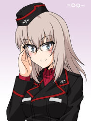 Rule 34 | 1girl, adjusting eyewear, bespectacled, black-framed eyewear, black hat, black jacket, blue eyes, closed mouth, commentary, dress shirt, garrison cap, girls und panzer, glasses, gradient background, grey background, grey hair, hat, insignia, itsumi erika, jacket, kuromorimine military uniform, long sleeves, looking at viewer, medium hair, military hat, military uniform, oosaka kanagawa, over-rim eyewear, red shirt, semi-rimless eyewear, shirt, smile, solo, wing collar