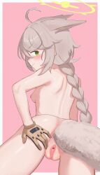 1girl absurdres ahoge anal anal_beads anal_object_insertion anal_tail animal_ears ass blue_archive blush border breasts brown_gloves brown_hair butt_plug closed_mouth completely_nude cowboy_shot fake_tail fox_ears from_behind gloves green_eyes green_halo halo highres huge_filesize loli long_hair looking_at_viewer looking_back nipples nude object_insertion otogi_(blue_archive) pink_background pussy sex_toy small_breasts smile solo spread_pussy spreading_own_pussy tail uncensored white_border whoning1