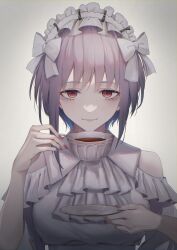 1girl 1other absurdres alternate_costume bang_dream! bang_dream!_it&#039;s_mygo!!!!! breasts cup dress highres holding holding_cup large_breasts long_sleeves looking_at_viewer plate purple_hair red_eyes shitsugaikotsu short_hair simple_background solo teacup upper_body white_dress yuutenji_nyamu