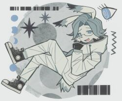 1boy aotsuki_eito black_gloves blue_eyes full_body glasses gloves grey_hair highres long_sleeves looking_at_viewer male_focus open_mouth parted_hair rabbit_boy rabbit_ears rabbit_tail solo solo_focus the_hundred_line_-last_defense_academy-