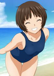 1girl amagami beach blue_one-piece_swimsuit blue_sky brown_hair closed_eyes cloud covered_navel cowboy_shot day female_focus highres new_school_swimsuit ocean one-piece_swimsuit outdoors school_swimsuit short_hair sky smile solo swimsuit tachibana_miya water yuuyuu_(3jjbn)