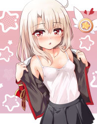 1girl bare_shoulders black_skirt blush breasts brown_jacket camisole fate/kaleid_liner_prisma_illya fate_(series) highres homurabara_academy_school_uniform illyasviel_von_einzbern jacket long_hair looking_at_viewer magical_ruby mochi_(k620803n) off_shoulder open_mouth red_eyes red_trim school_uniform sidelocks skirt small_breasts solo white_camisole white_hair