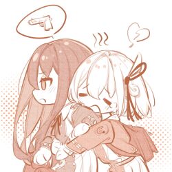 2girls ^_^ absurdres blush chibi chinese_commentary closed_eyes closed_mouth commentary_request cowboy_shot crying dkl_(dinosaurkl2) hair_between_eyes hair_ribbon highres hug hug_from_behind inoue_takina long_hair long_sleeves lycoris_recoil lycoris_uniform monochrome multiple_girls neck_ribbon nishikigi_chisato one_side_up open_mouth ribbon short_hair sidelocks simple_background spoken_object yuri