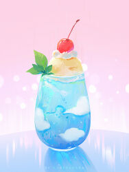 artist_name cherry food food_focus fruit glass highres huhv. ice_cream no_humans original pink_background reflection water_drop