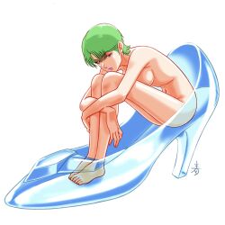 1girl absurdres aobito_sukoyaka_bystander barefoot blue_lips commentary_request four_murasame full_body glass_slipper green_eyes green_hair gundam highres hugging_own_legs in_shoe lipstick makeup navel nude short_hair simple_background sitting white_background zeta_gundam