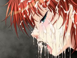 Rule 34 | 1girl, after fellatio, ahegao, blush, cum, cum in nose, cum on body, cum on hair, facial, game cg, half-closed eyes, in&#039;youchuu, in&#039;youchuu shoku, open mouth, red hair, shiratori takeru, simple background, sweat, tears, tongue, tongue out