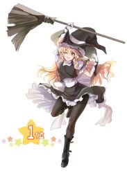 1girl :d arm_above_head arms_up black_boots black_bow black_hat black_pantyhose black_skirt black_vest blonde_hair blush boots bow braid broom commentary_request frilled_skirt frills full_body gloves hair_bow hat highres holding holding_broom kirisame_marisa large_bow leg_up long_hair looking_at_viewer namiki_(remiter00) one_eye_closed open_mouth pantyhose puffy_short_sleeves puffy_sleeves shirt short_sleeves side_braid single_braid skirt smile solo touhou translated vest victory_pose white_background white_bow white_gloves white_shirt witch witch_hat yellow_eyes