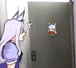 1girl ^^^ animal_ears aqua_bow arcade_craniacs black_eyes blunt_bangs bow character_doll chibi commentary doll door dress ear_bow ear_ribbon el_elluci english_commentary from_side gold_ship_(umamusume) horse_ears horse_girl indoors long_hair mejiro_mcqueen_(umamusume) open_door open_mouth photo-referenced photo_background pillbox_hat profile purple_hair purple_shirt red_dress school_uniform shirt short_sleeves smile solo summer_uniform tracen_school_uniform trembling umamusume wide-eyed
