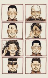 1girl 6+boys black_hair blush brown_theme buzz_cut chika_maru dark_skin dark-skinned_male facial_hair facial_mark facial_scar facing_viewer forehead_protector goatee golden_kamuy hair_slicked_back hanazawa_yusaku hat highres igogusa kepi koito_otonoshin long_hair looking_at_viewer military_hat monochrome multiple_boys mustache ogata_hyakunosuke scar scar_on_cheek scar_on_face short_hair stubble tearing_up thick_eyebrows tsukishima_hajime tsurumi_tokushirou usami_tokishige very_short_hair