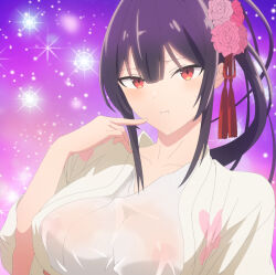 Rule 34 | 1girl, absurdres, anime screenshot, breasts, closed mouth, collarbone, drooling, female focus, finger to cheek, floral print, flower, hair flower, hair ornament, hair ribbon, haite kudasai takamine-san, high ponytail, highres, japanese clothes, kimono, large breasts, looking at viewer, no bra, ponytail, portrait, purple hair, red eyes, red ribbon, ribbon, see-through clothes, see-through shirt, shirt, sidelocks, smile, solo, stitched, takamine takane, third-party edit, white kimono, yukata