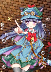 1girl absurdres animal_ear_headwear black_hair breasts brick bubble cloak emn fake_animal_ears goggles highres iris_mysteria! naja_(iris_mysteria!) plaid_clothes plaid_skirt pointing pointy_ears purple_eyes red_ribbon ribbon skirt small_breasts