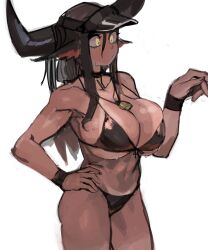 1girl 33dot absurdres bell bikini_tan breasts brown_hair cleavage cow_girl cowbell cowboy_shot hand_on_own_hip hand_up highres jewelry large_breasts large_horns long_hair navel neck_bell necklace original ox-chan_(33dot) ox_ears ox_girl ox_horns solo sweat tan tanline visor_cap wristband yellow_eyes