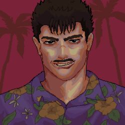 1boy berserk black_hair blue_eyes collared_shirt facial_hair floral_print gipost guts_(berserk) hawaiian_shirt male_focus mustache palm_tree parted_lips pixel_art scar scar_on_face scar_on_nose shirt short_hair smile solo tree wispy_bangs