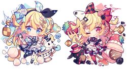 2girls ace_(playing_card) ace_of_hearts ace_of_spades alice&#039;s_adventures_in_wonderland alice_(alice_in_wonderland) apron black_bow black_bowtie black_dress black_flower black_hairband black_hat black_pantyhose black_petals black_rabbit_(animal) black_rose black_shoes blue_dress blue_eyes blue_hair blue_petals blue_ribbon blush bow bow_hairband bowtie candy card checkerboard_cookie checkered_bow checkered_clothes checkered_dress chibi chibi_only chocolate chocolate_heart closed_mouth commentary cookie cup dress flower food fork frilled_dress frills fruit full_body hair_flower hair_ornament hair_ribbon hairband hand_up hands_up hat heart heart-shaped_food holding holding_card holding_chocolate holding_food holding_fork hyou_(pixiv3677917) leg_up long_hair looking_at_viewer macaron multicolored_bow multiple_girls one_eye_closed pantyhose pink_petals playing_card playing_card_hair_ornament playing_card_print print_bow print_pantyhose rabbit red_bow red_eyes red_flower red_hat red_pantyhose red_ribbon red_rose ribbon ribbon-trimmed_apron ribbon_trim rose shoes short_sleeves signature simple_background smile spade_(shape) standing strawberry sugar_cube teacup top_hat two-tone_pantyhose white_apron white_background white_flower white_pantyhose white_petals white_rabbit_(animal) white_rose wrist_cuffs x_mouth