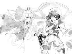 2girls anchor anchor_symbol belt bow bowtie buttons chinese_commentary closed_mouth collared_shirt commentary_request cowboy_shot floating_clothes fox_mask gloves greyscale hair_between_eyes hat hata_no_kokoro highres holding holding_anchor jacket long_hair long_sleeves looking_afar looking_at_viewer maisuiren mask mask_on_head monochrome multiple_girls murasa_minamitsu necktie open_clothes open_jacket sailor_collar sailor_hat sailor_shirt shirt shoes short_hair short_sleeves shorts sidelocks simple_background skirt smile standing standing_on_one_leg star_(symbol) star_ornament teeth touhou triangle wide_sleeves