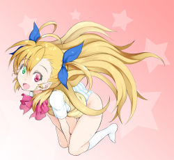 00s 1girl blonde_hair blush female_focus green_eyes hair_ribbon heterochromia loli long_hair looking_at_viewer lyrical_nanoha mahou_shoujo_lyrical_nanoha_strikers nac000 open_mouth panties red_eyes ribbon smile solo striped_clothes striped_panties underwear vivio