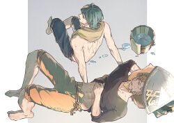 Rule 34 | 2boys, abs, arm behind head, barefoot, beard, belt, black pants, black shirt, blonde hair, braid, brown pants, bucket, closed eyes, clothes lift, collarbone, commentary request, crew neck, facial hair, father and son, fire emblem, fire emblem: three houses, green hair, hand on own stomach, hand under pillow, jeralt reus eisner, lying, male byleth (fire emblem), male focus, mature male, midriff, multiple boys, navel, nintendo, on back, pants, parted lips, pillow, shield, shirt, shirt lift, short braid, short sideburns, short sleeves, sitting, t-shirt, teeth, topless male, towel, towel around neck, un faro, water, wet, wet hair, wolf cut, wooden bucket