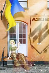 3d_background ak-74 anonymous_(japanese) assault_rifle azov_battalion bandaged_arm bandaged_fingers bandaged_hand bandaged_wrist bandages blonde_hair boots breasts brown_boots brown_eyes brown_pants closed_mouth cropped_shirt emblem gloves green_gloves green_shirt gun highres jacket japanon kalashnikov_rifle light_smile looking_at_viewer marichka medium_breasts midriff military military_uniform navel no_headwear original pants rifle russo-ukrainian_war shirt short_hair sitting sitting_on_stairs smile stairs ukraine unworn_jacket waving weapon wolfsangel