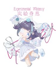 Rule 34 | 1girl, absurdres, animal ear headwear, animal ears, aqua hair, bad link, bandaged leg, bandages, beanie, bilingual text, black hair, blue eyes, bow, broken heart, buttons, cat ears, character name, chibi, chinese commentary, chinese text, commentary request, crossed bandaids, dress, earrings, english text, esseling (infinity nikki), fafo shucaitang, fake animal ears, footwear bow, hair ornament, hat, heart, highres, infinity nikki, jewelry, kneepits, leg up, long dress, looking at object, looking back, mixed-language text, multicolored hair, needle, nikki (series), off-shoulder dress, off shoulder, plaid clothes, plaid dress, quirky idea (infinity nikki), sad sack (infinity nikki), scissors, sewing needle, shoe loss, short hair, simple background, slippers, solo, streaked hair, striped clothes, striped dress, surprised, syringe hair ornament, thread, translation request, two-tone hair, two side up, vertical-striped clothes, vertical-striped dress, white background, white bow, white dress, white hat, white slippers