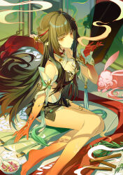 1girl absurdres ahoge bare_shoulders barefoot black_dress black_hair blunt_bangs breasts chinese_clothes cleavage clothing_cutout colored_extremities commentary_request criss-cross_halter detached_sleeves dress feet foot_out_of_frame fuyuan_(honkai:_star_rail) gradient_skin hair_spread_out halterneck hand_up highres honkai:_star_rail honkai_(series) indoors jewelry legs lingsha_(honkai:_star_rail) long_hair looking_at_viewer miyu10366 multiple_rings navel on_floor orange_eyes pointy_ears red_feet red_hands ring sitting sleeveless sleeveless_dress smoke solo stomach_cutout tassel teapot toenails toes very_long_hair white_sleeves yokozuwari
