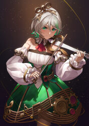 1girl absurdres ascot back_bow bare_shoulders bow bow_(music) braid cecilia_immergreen cecilia_immergreen_(1st_costume) closed_mouth colored_inner_hair commentary corset cross-laced_clothes cross-laced_corset detached_collar detached_sleeves doll doll_joints double-parted_bangs gears gold_trim green_corset green_eyes green_hair green_skirt grey_hair hair_between_eyes hair_ornament highres holding holding_bow_(music) holding_instrument holding_violin hololive hololive_english instrument joints large_bow long_sleeves looking_at_viewer mcking multicolored_hair music playing_instrument puffy_long_sleeves puffy_sleeves red_ascot romper short_hair side_braid single_braid skirt smile solo strapless_romper streaked_hair underbust violin virtual_youtuber white_romper white_sleeves winding_key