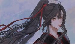 1boy ahoge artist_name bishounen black_hair black_hanfu brown_eyes chinese_clothes closed_mouth english_text eyelashes floating_hair hair_ribbon hanfu highres long_hair looking_at_viewer male_focus modao_zushi ojisan_rbt ponytail portrait red_ribbon ribbon sidelocks smile solo upper_body wei_wuxian wind