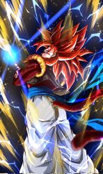 Rule 34 | 1boy, aura, black vest, blue eyes, blue sash, body fur, brown fur, brown tail, cropped vest, dragon ball, dragon ball gt, electricity, from behind, gogeta, highres, kanaetecho, lightning, long hair, looking at viewer, looking back, male focus, metamoran vest, monkey tail, pants, red hair, sash, solo, sparkle, sparkling aura, spiked hair, super saiyan, super saiyan 4, tail, vest, white pants