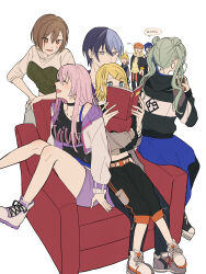 4boys 4girls absurdres aoyagi_touya armchair blonde_hair blue_hair blush book brown_hair chair choker commentary_request earrings girl_sandwich green_hair harem hatsune_miku hetero highres holding holding_book jacket jacket_over_hoodie jewelry kagamine_len kagamine_rin kaito_(vocaloid) long_hair looking_at_another megurine_luka meiko_(vocaloid) multicolored_hair multiple_boys multiple_girls mykisnk nail_polish open_mouth orange_hair pants pink_hair project_sekai reading sandwiched shinonome_akito shoes short_hair shorts sitting sitting_on_lap sitting_on_person smile sneakers speech_bubble split-color_hair translation_request twintails two-tone_hair vivid_bad_squad_len vivid_bad_squad_luka vivid_bad_squad_meiko vivid_bad_squad_miku vivid_bad_squad_rin vocaloid