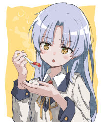 Rule 34 | 1girl, :o, angel beats!, blush, border, collared shirt, commentary request, eyes visible through hair, food, grey hair, hands up, highres, holding, holding spoon, jacket, long hair, long sleeves, looking at food, mapo tofu, neck ribbon, open mouth, outside border, ribbon, shirt, sidelocks, simple background, sketch, solo, spoon, steam, straight hair, tachibana kanade, traum, upper body, white border, white shirt, yellow background, yellow eyes, yellow jacket, yellow ribbon